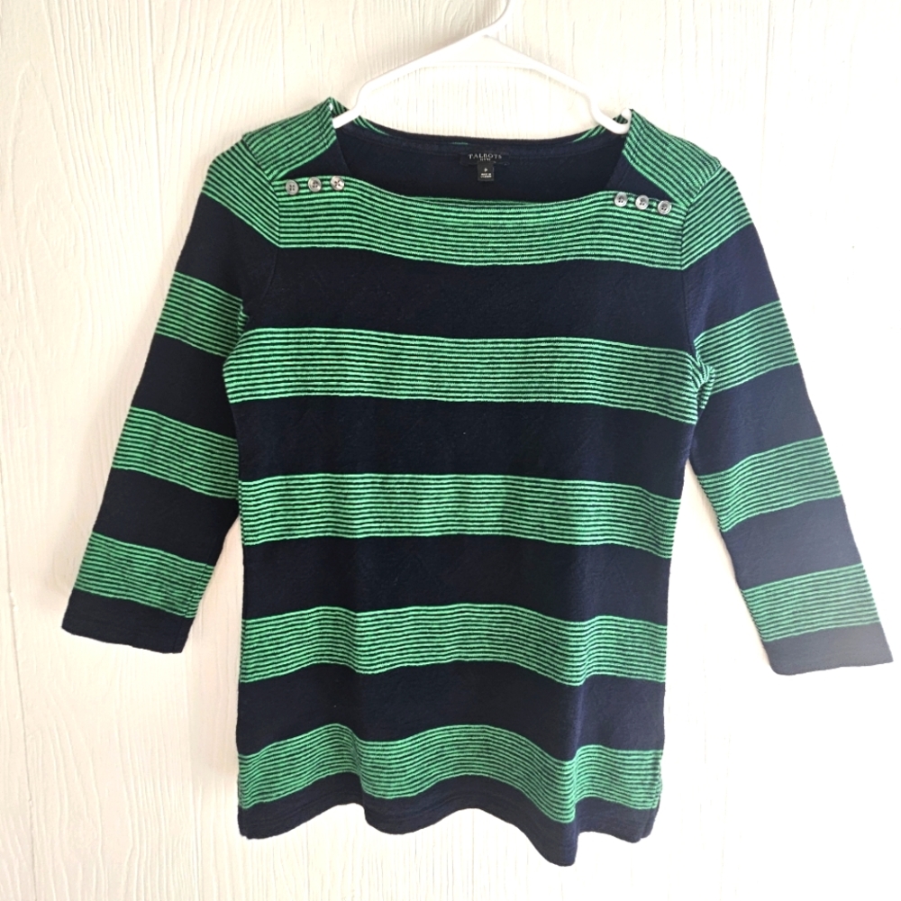 Talbots Green and Navy 3/4 Sleeve Sweater with Button Detail Size Petites